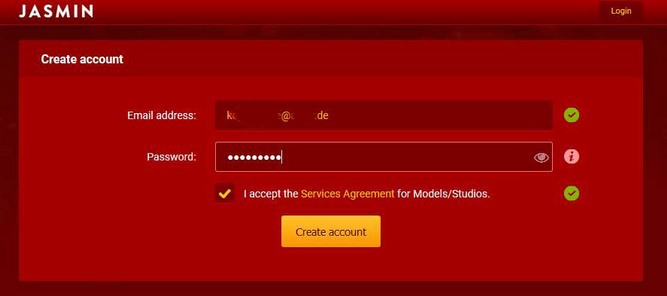 Create Account mail and password for webcam models